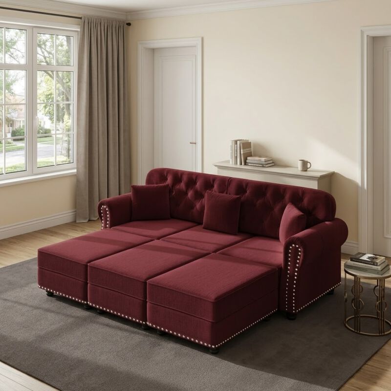 Whisen 3 Seat Velvet Sofa with 3 Ottomans, Nailhead Trim, Mid-Century Modern, for Living Room image number 1