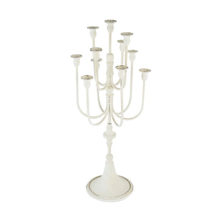30 Inch Classic 11 Light Candelabra, Curved Arms, White Iron Frame - Benzara