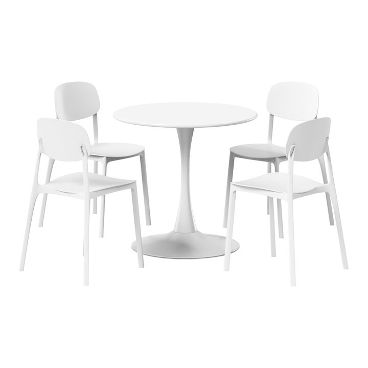 WestinTrends 5-Piece Indoor Outdoor Metal Round Patio Dining Table Set With Stackable Resin Patio Side Chairs