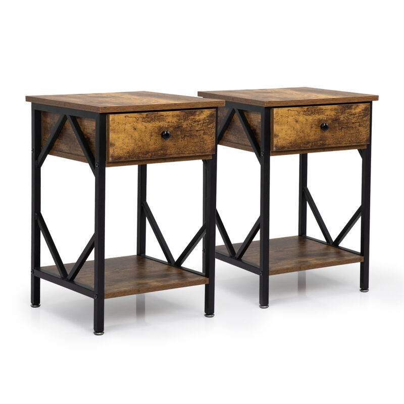 Set of 2 Nightstand Industrial End Table with Drawer, Storage Shelf and Metal Frame for Living Room, Bedroom, Rustic Brown