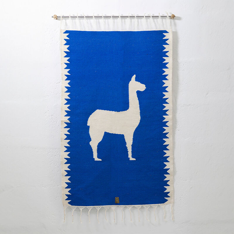 LLAMA Sheep Wool Handwoven Tapestry, Aged Bronze Wall Mount, Lapis Blue