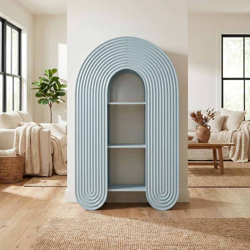 Red arched bookshelf with spacious shelves and nylon accents image number 5