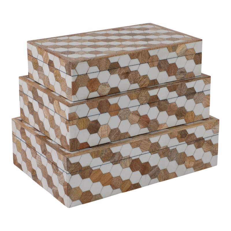 S/3 10/11/12" Hexagon Inlay Boxes, White image number 5