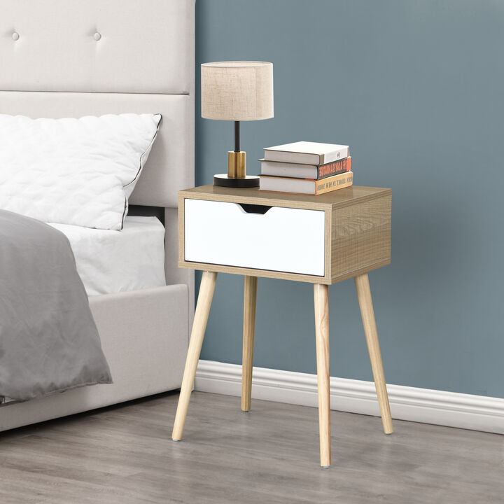 Side Table with 1 Drawer and Rubber Wood Legs, Mid-Century Modern Storage Cabinet for Bedroom Living Room Furniture, White with solid wood color