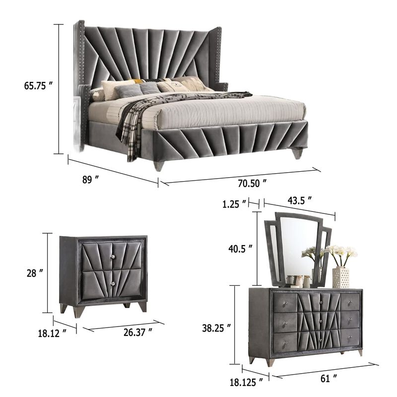 Ino 4pc Queen Bedroom Set with Wingback Headboard, Gray Upholstery image number 5