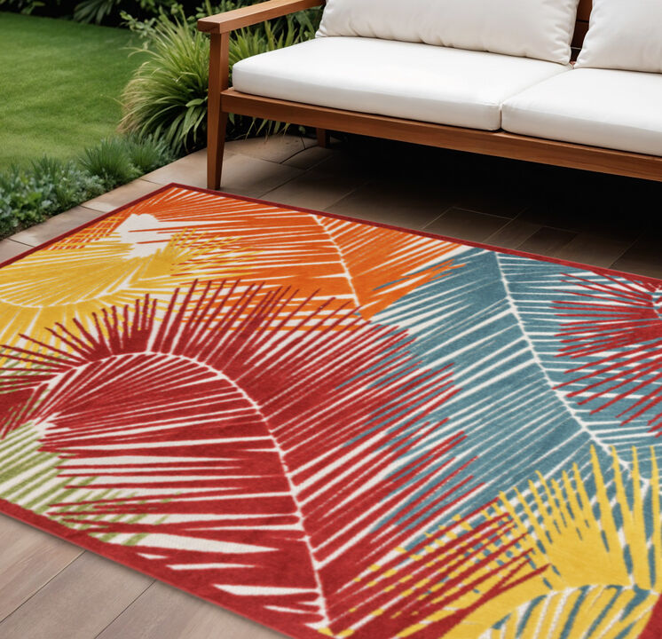 HomeRoots 8' X 10' Orange Yellow Red Blue And Green Palm Leaf Indoor Outdoor Area Rug