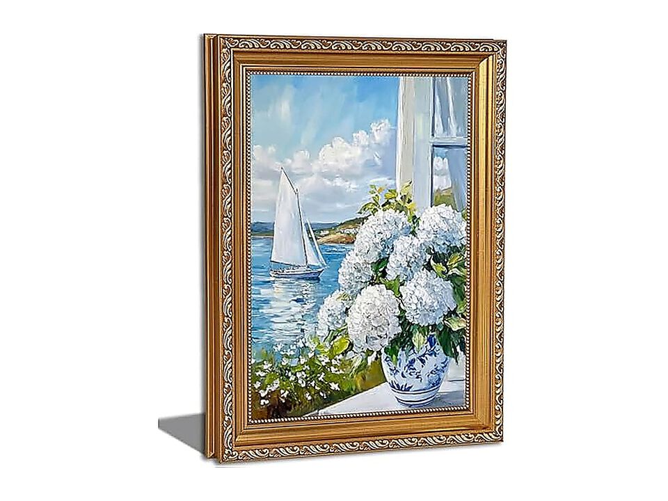 Gold Framed 3D Texture Coastal Canvas Wall Art White Hydrangea Sailboat Poster