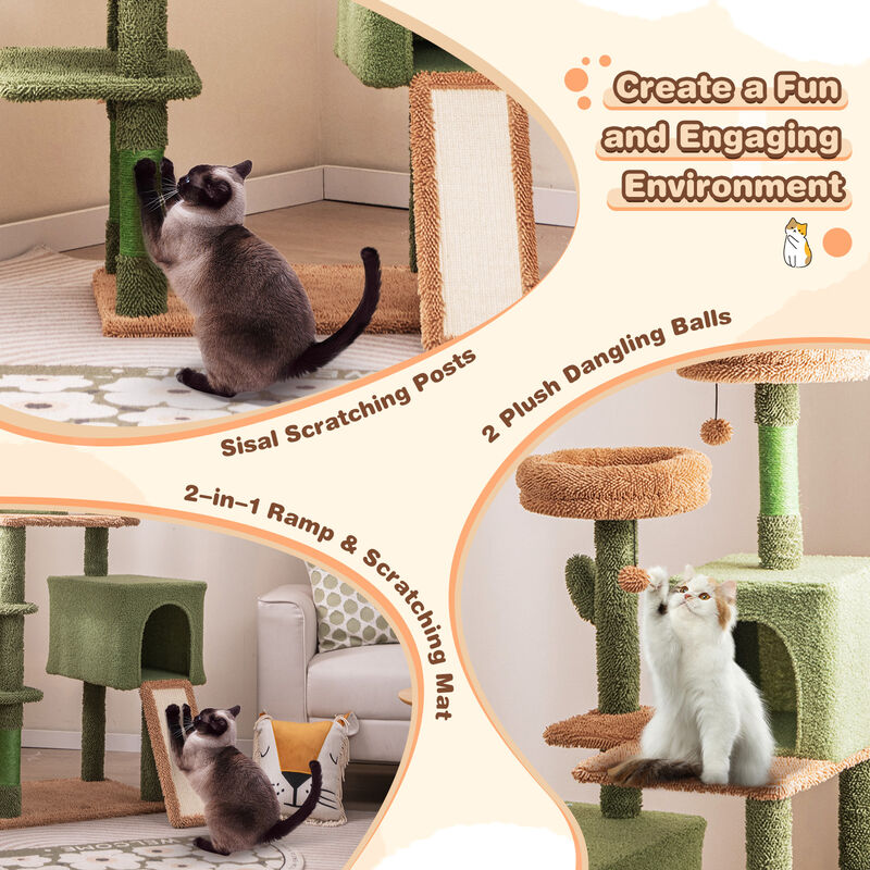 Multi-Level Cactus Cat Tree with Scratching Posts, Ladder, Double Condos, Toys, and Cozy Bed