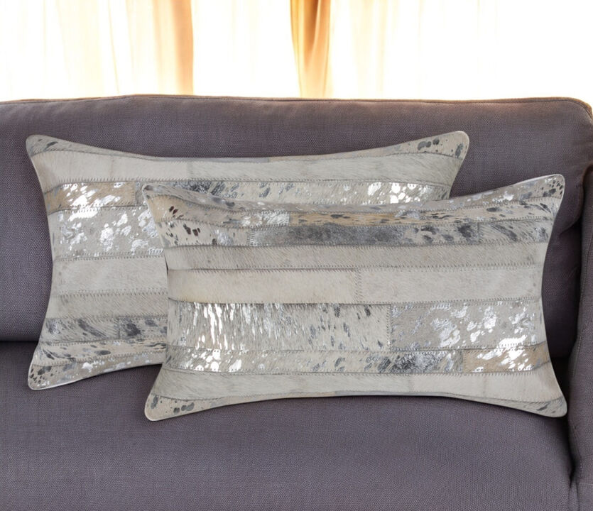HomeRoots Set of Two 12" X 20" Gray and Silver Striped Cowhide Lumbar Throw Pillows with Glitter