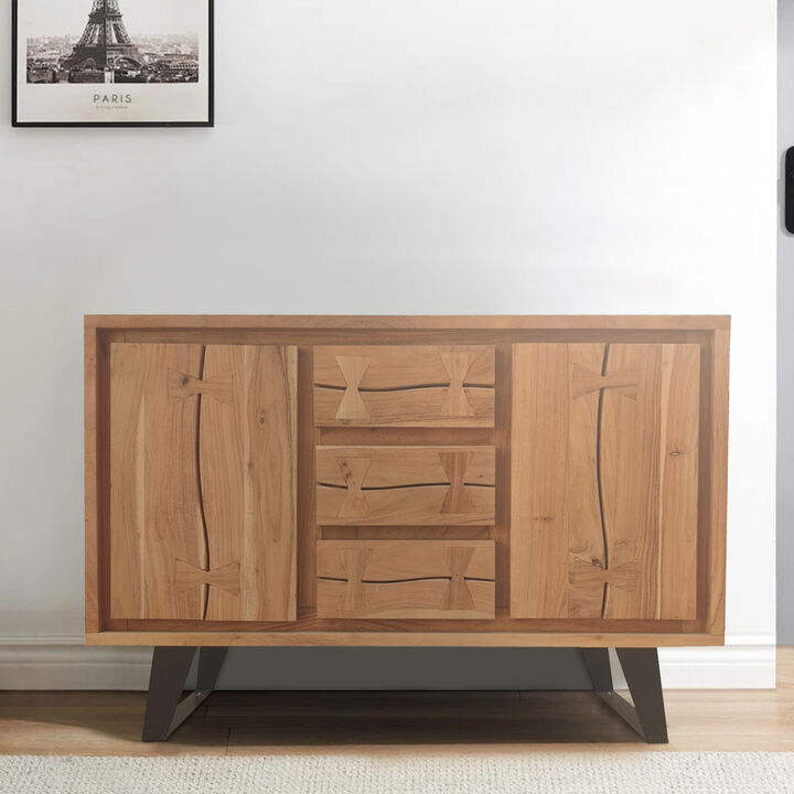 40 Inch Sideboard Buffet Console with 2 Cabinets, Brown Acacia Wood, 3 Drawers, Black Iron Base - Benzara