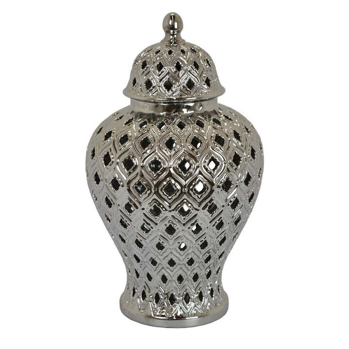 Deni 18 Inch Temple Jar, Pierced, Carved Lattice Design, Lid, Silver - Benzara