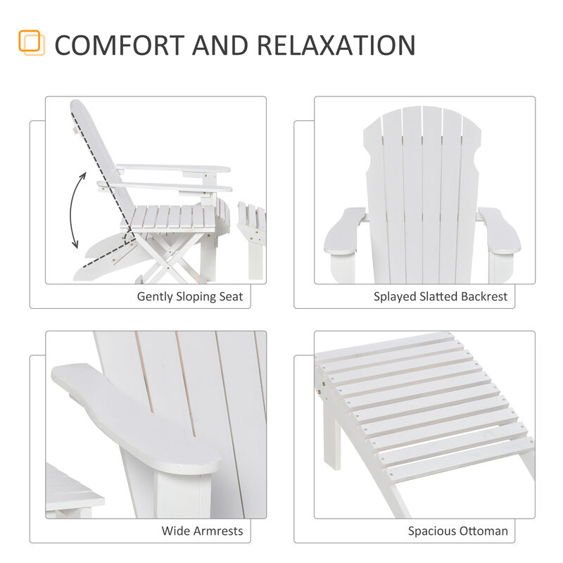 Outsunny 3-Piece Folding Adirondack Chair with Ottoman and Side Table, Outdoor Wooden Fire Pit Chairs w/ High-back, Wide Armrests for Patio, Backyard, Garden, Lawn Furniture, White