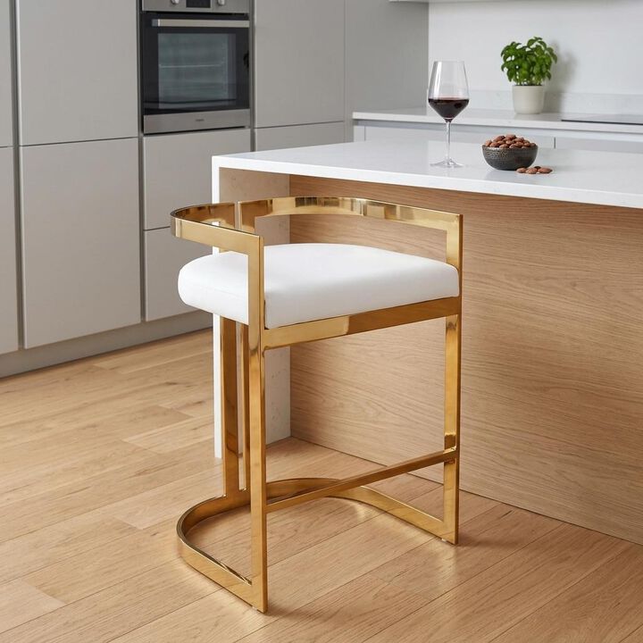 HomeRoots 28" White And Gold Faux Leather And Iron Low Back Counter Height Bar Chair