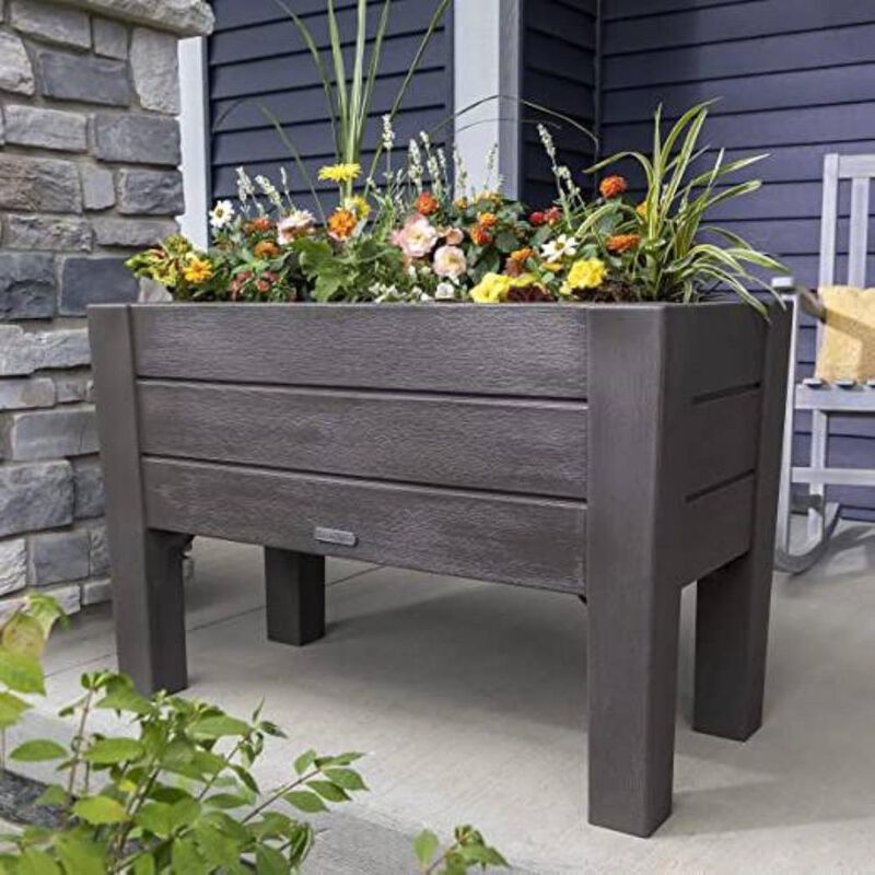 Hivvago Rectangular Plastic Raised Garden Bed Planter Box - Dark Grey Cedar Wood Finish