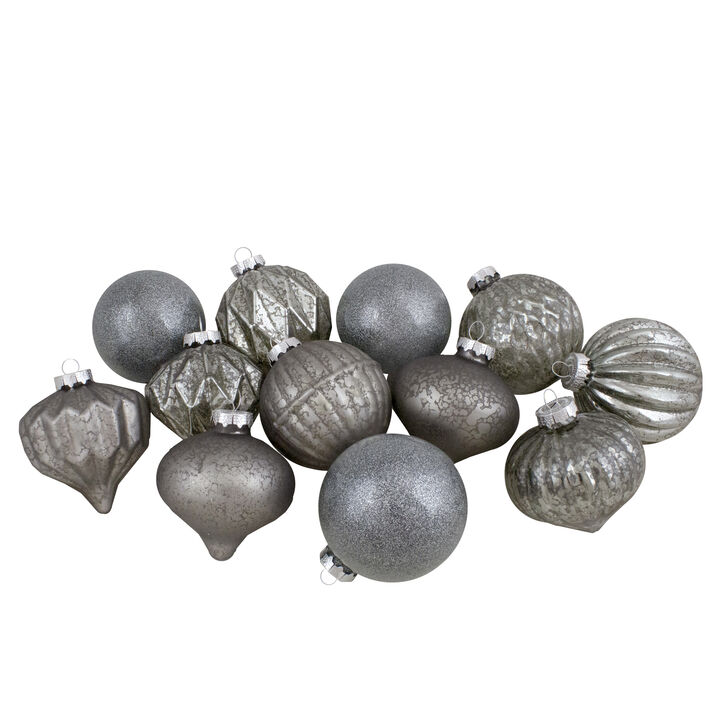 Set of 12 Neutral Tone Finial and Glass Ball Christmas Ornaments
