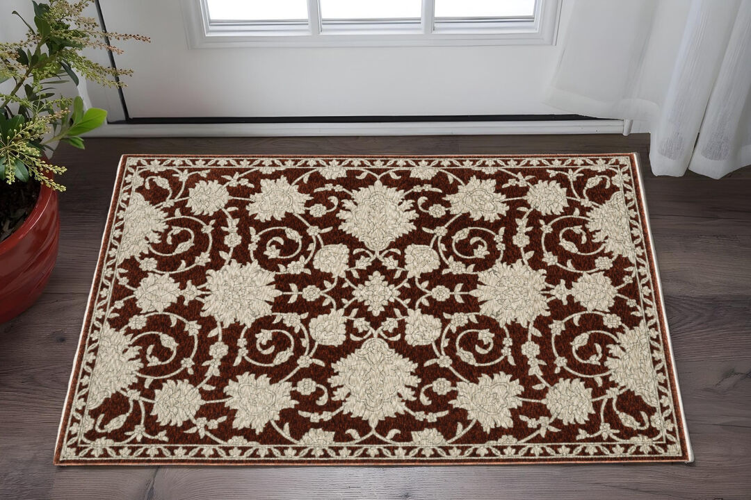 HomeRoots Floral Area Rug With Fringe