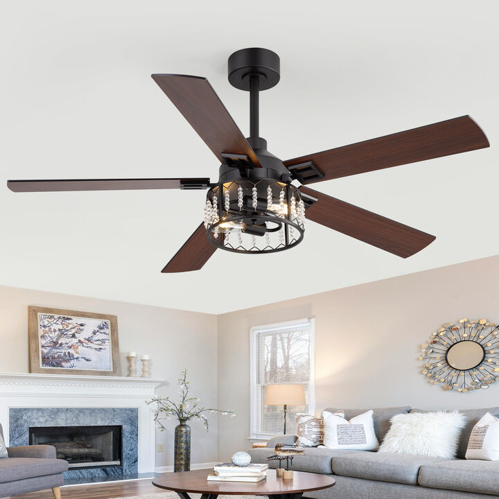 Breezary 52" Crystal Ceiling Fan with Lights, 2-Light E26 Base, DC Motor, 6-Speed Remote, Reversible Grain Blades, Quiet