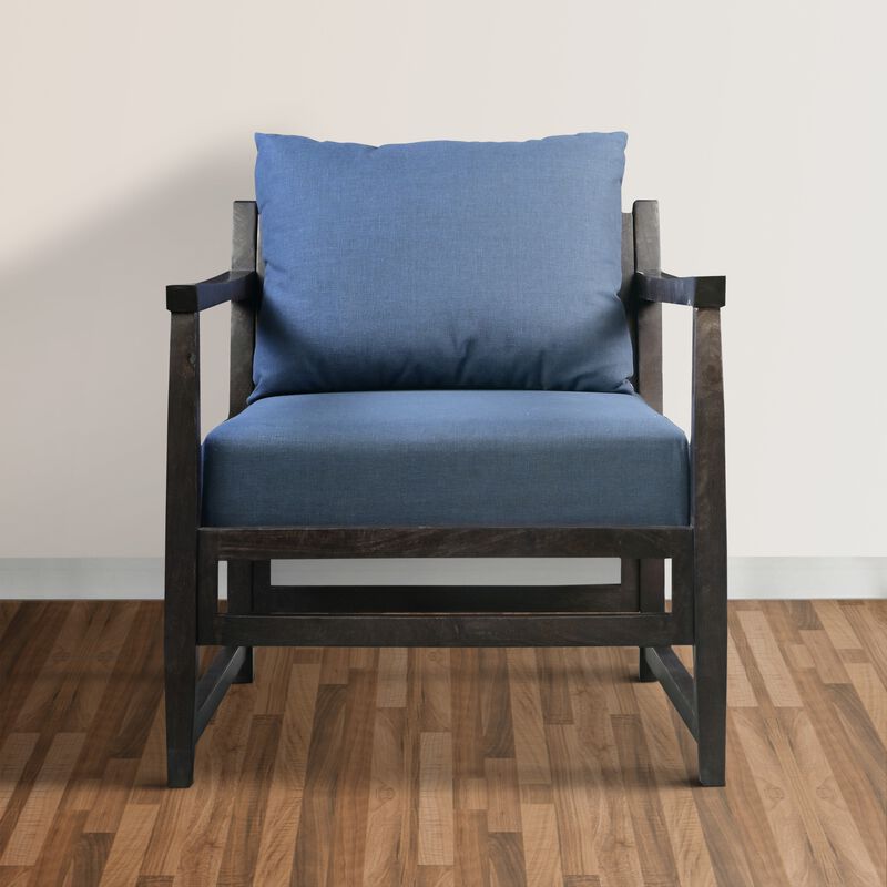 Malibu 27 Inch Handcrafted Mango Wood Accent Chair, Fabric, Pillow Back, Open Frame, Blue, Black-Benzara