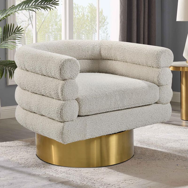 Best Master Furniture Sophos Cream Boucle Fabric with Gold Base Swivel Accent Chair