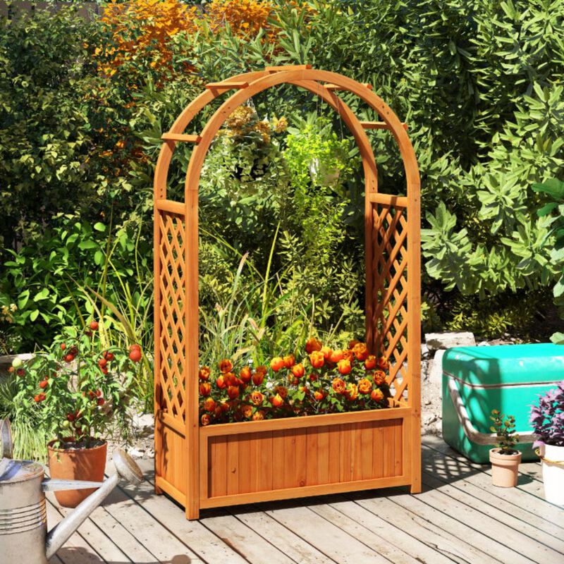 Hivvago Raised Garden Bed with Lattice Trellis Ached Roof Wooden Elevated Planter Box