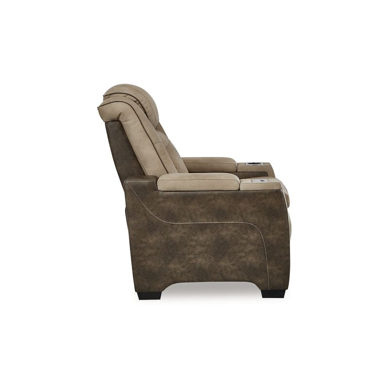 Corbin Power Recliner Chair, 39in Brown Faux Leather, Wireless Charger - Benzara