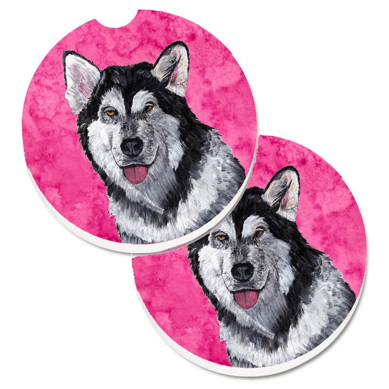 Caroline's Treasures Pink Alaskan Malamute Set of 2 Cup Holder Car Coasters SC9507PKCARC, 2.56, Multicolor image number 0
