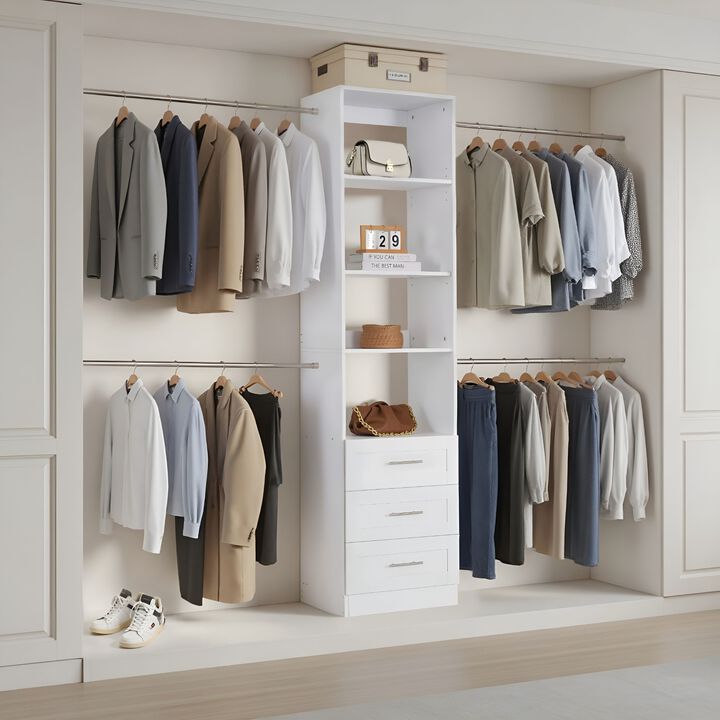 Wooden Closet System with 4 Hanging Rods and Drawer Storage - White