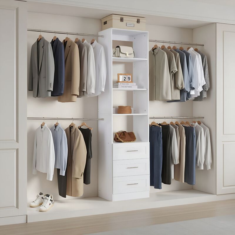 Wooden Closet System with 4 Hanging Rods and Drawer Storage - White image number 1