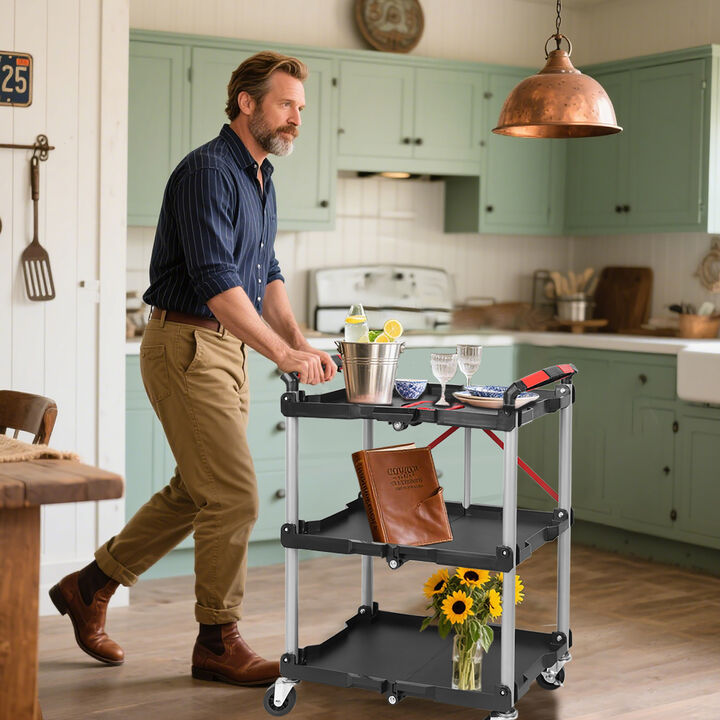 ELEMENT ACE Foldable 3-Shelf Heavy Duty Rolling Utility Cart with Swivel Wheels Ergonomic Handle Portable Transport Cart for Garage Office Home Warehouse Use