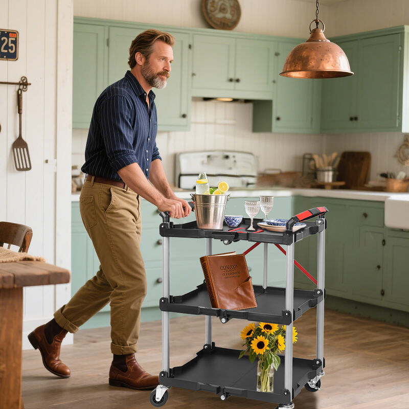 ELEMENT ACE Foldable 3-Shelf Heavy Duty Rolling Utility Cart with Swivel Wheels Ergonomic Handle Portable Transport Cart for Garage Office Home Warehouse Use image number 1