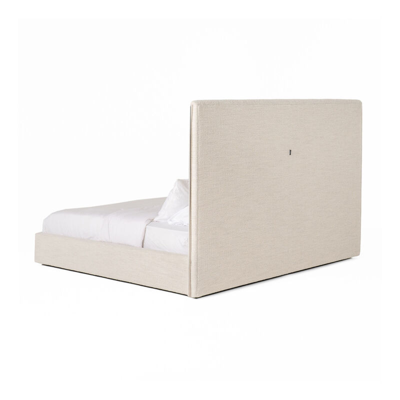 Valy Platform Queen Bed, Vertical Striped Tufted Ivory Upholstered - Benzara