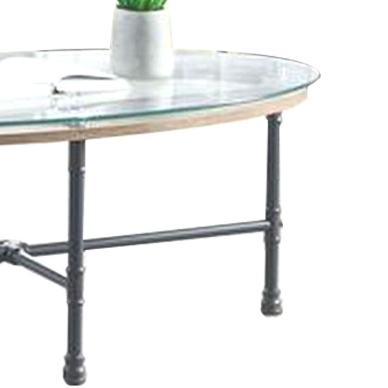 Wood Side Table, Oval Tempered Glass Top, Metal Pipe Style Legs, Clear Glass, Sandy Gray-Benzara
