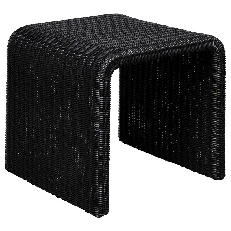 Gigi 22 Inch Side End Table, Black Woven Rattan, Square Waterfall Edges