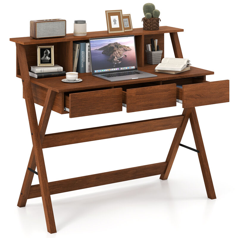 Mid-Century Desk with Monitor Stand and 3 Drawers for Home Office Organization image number 3