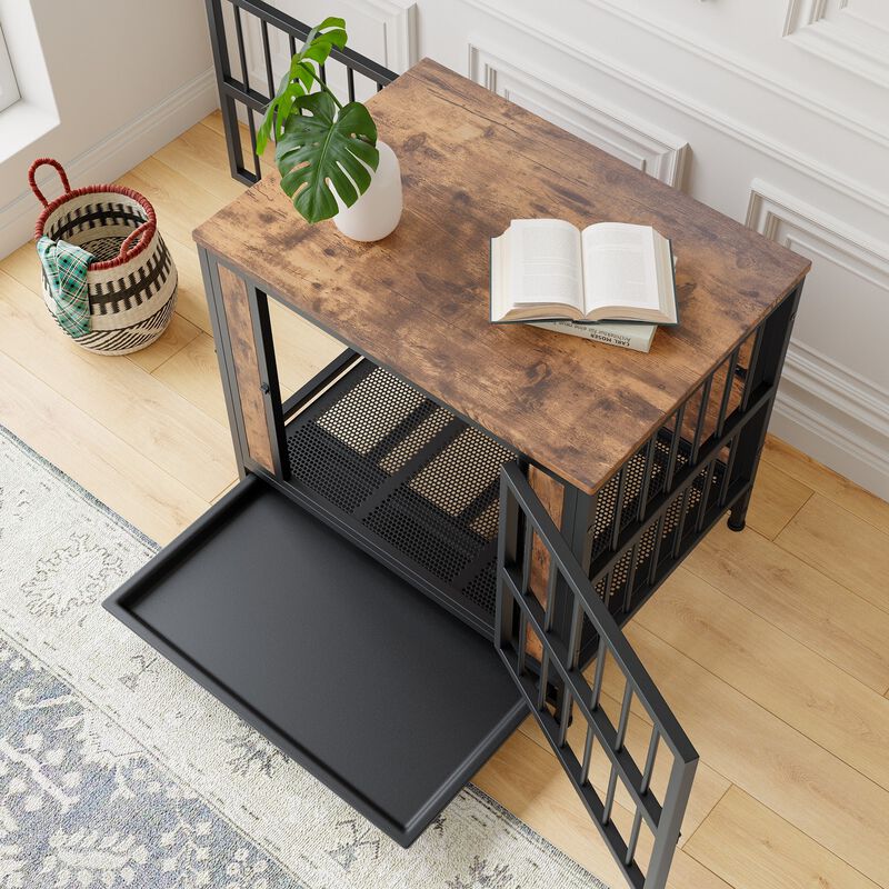 Clihome Wooden Dog Crate Table with 2 Sliding Doors and Thick Iron Door Frame image number 2