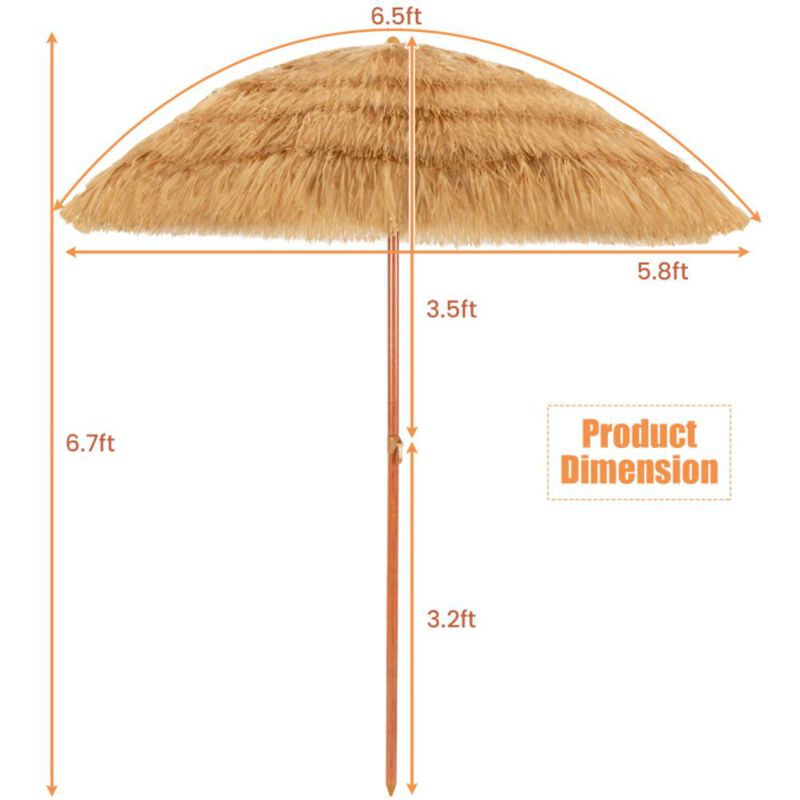 Hivvago 6.5 Feet Portable Thatched Tiki Beach Umbrella with Adjustable Tilt