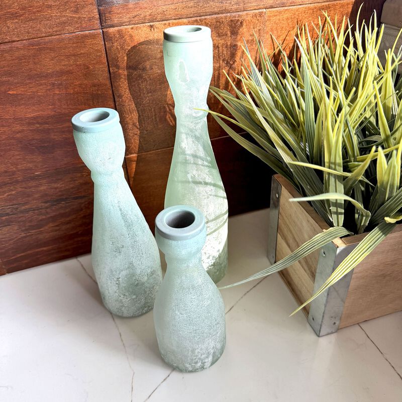 Set Of 3 Frosted Green Glass Taper Candle Holders 10 In Tall Tabletop image number 6