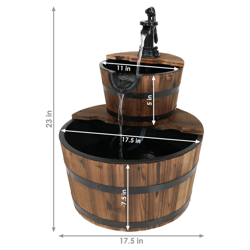 Sunnydaze Wooden Bowl/Barrel Water Fountain with Hand Pump/Liner - 23 in