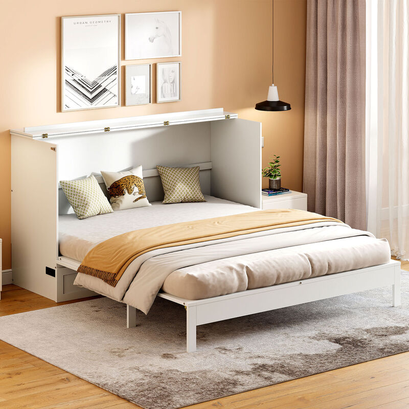 Whisen Modern Design Queen Size Murphy Bed, Folded into a Cabinet with Large Drawers