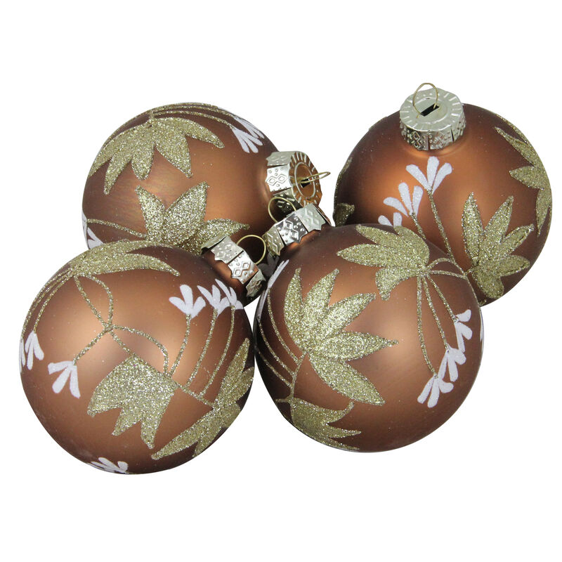 4ct Brown and Gold 2-Finish Floral Glass Christmas Ball Ornaments 3.25" (80mm) image number 0