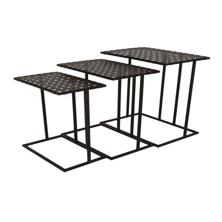 Set of 3 Plant Stand Side Tables, Rectangular Mesh Top, Black Metal Frame - Benzara