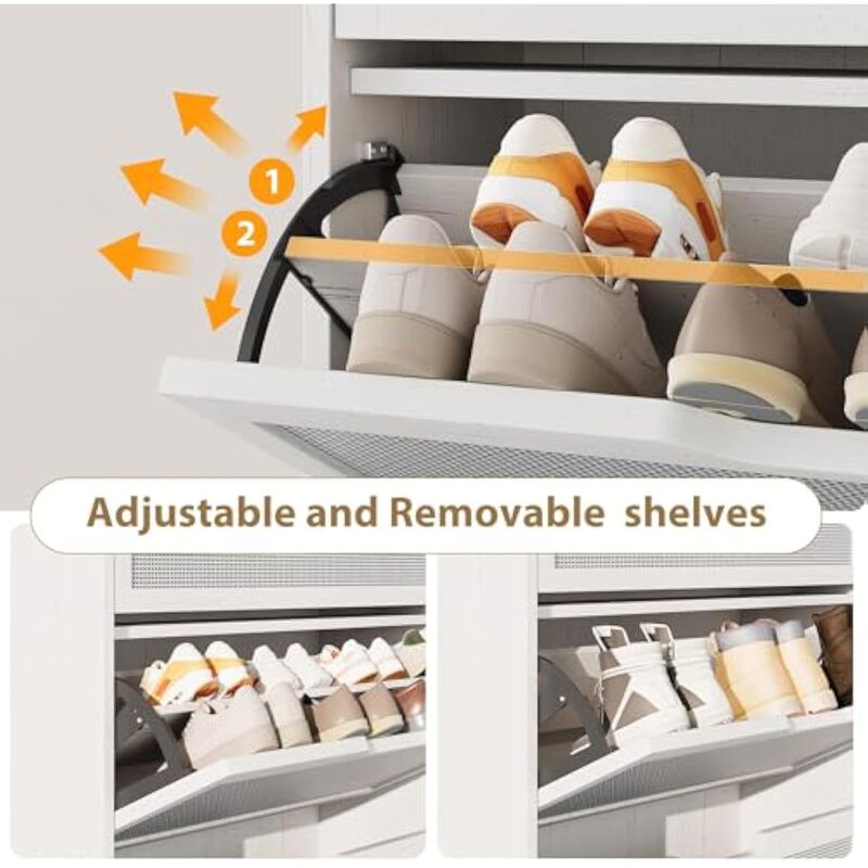Slim Entryway Shoe Storage Cabinet Flip Drawer White Rattan image number 3