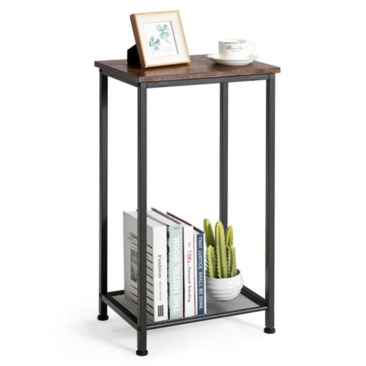 2-Tier Industrial End Table with Metal Mesh Storage Shelves