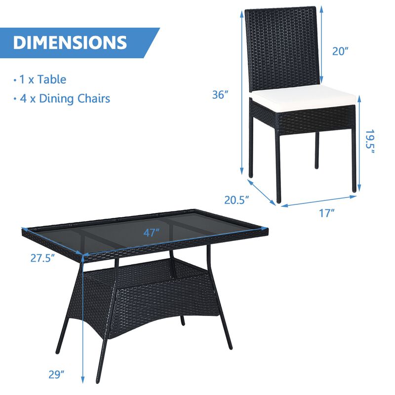 5 Pieces Rattan Dining Set Glass Table High Back Chair