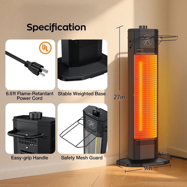 Outdoor Electric Patio Heater, 27-inch Infrared Tower Heater with 1200W Instant Heating, IPX5 Waterproof Space Heater