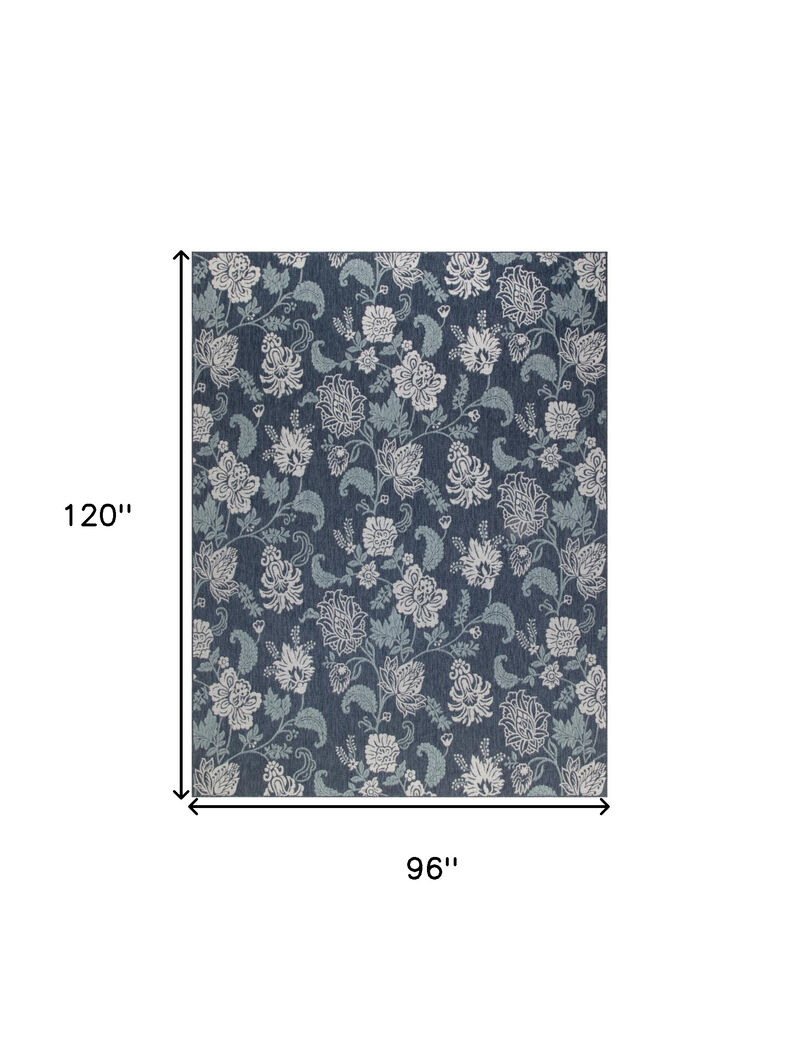 HomeRoots 8' X 10' Navy Blue Sky Blue And Ivory Floral Indoor Outdoor Area Rug image number 5
