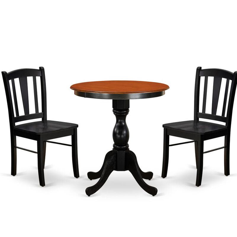 East West Furniture 3-Piece Mid Century Dining Set Consist of Round Table and 2 Wooden Chairs with Slatted Back - Black Finish