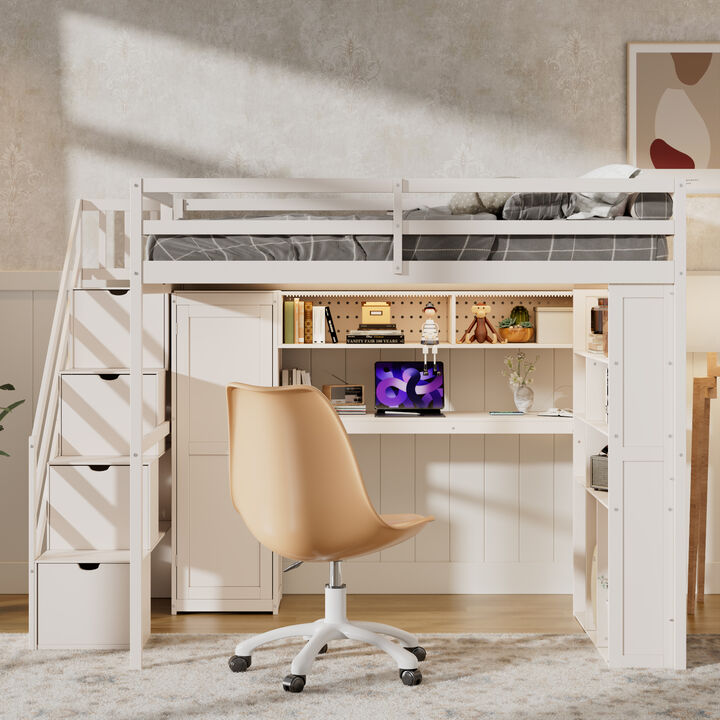 Merax Full Size All-in-One Loft Bed with Wardrobe, Desk & LED Lights
