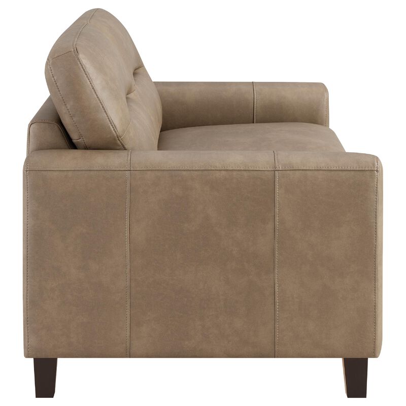 Secy Loveseat, Brown Faux Leather, Track Arms, 58 Inch Pine Wood Frame image number 4