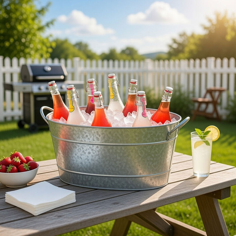 Lola 23 Inch Beverage Tub, Galvanized Antique Silver Steel, 2 Handles image number 4